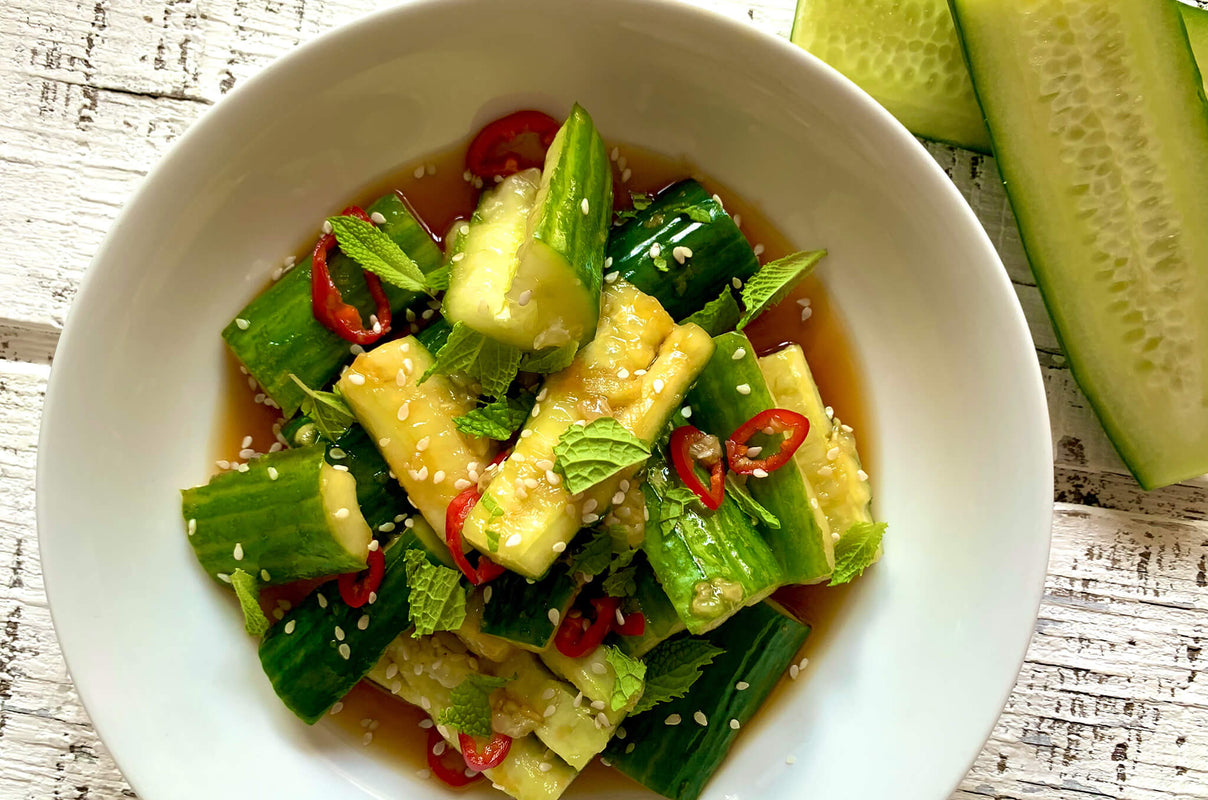 Smashed Cucumbers with Mint and Soy