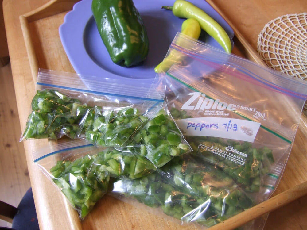 green peppers prepared for freezing