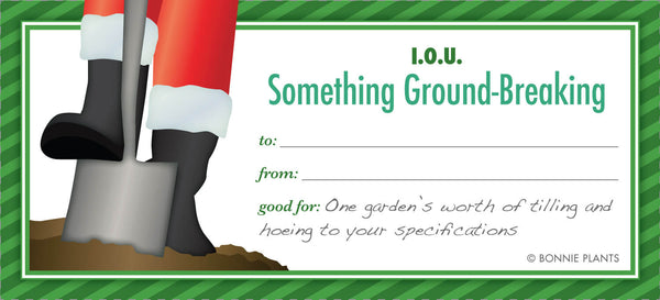 A garden-centric IOU, good for one day of tilling and hoeing, is one of our free stocking stuffers for gardeners.