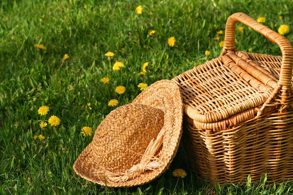 woven picnic basket and wide-brimmed hat on lawn