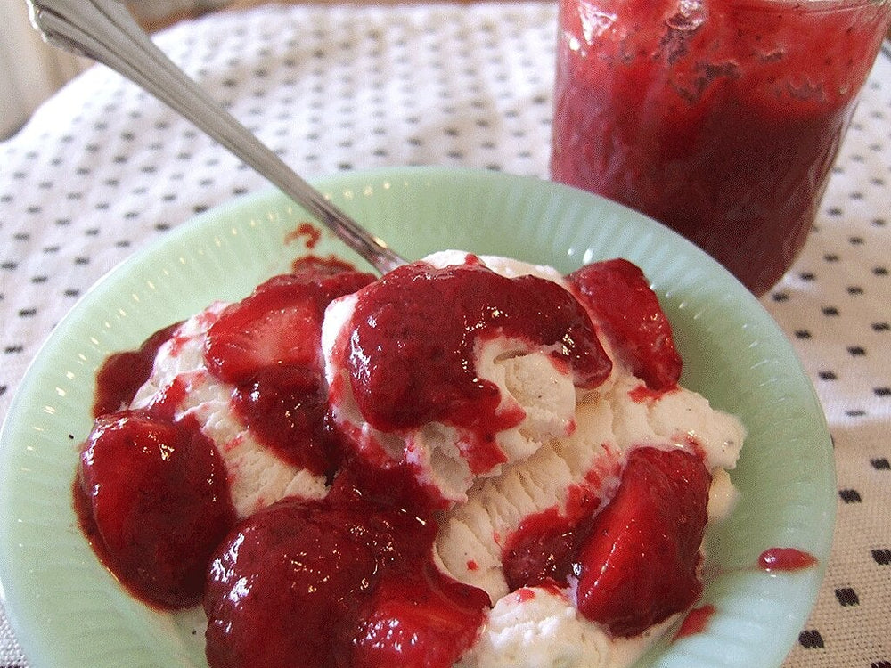 Easy Strawberry Puree: on ice cream in bowl