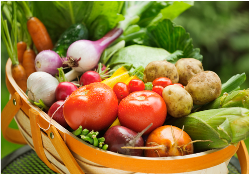 Assorted tomatoes and vegetables labeled 'Shop All'.